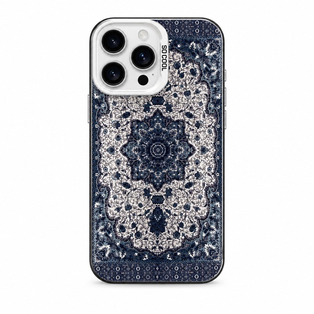 Navy totem pattern iPhone case with white camera frame, straight back view