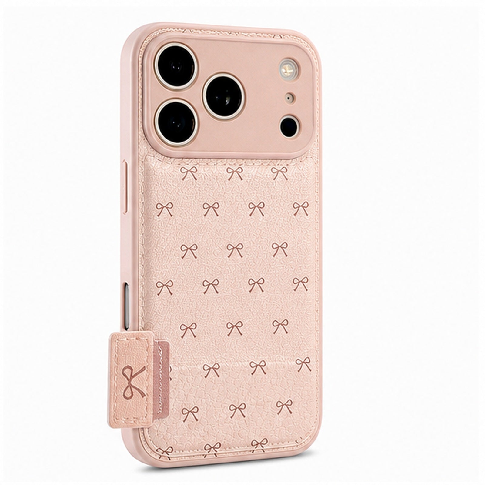 Blush Bow Mirror Stand Case for iPhone, three-quarter studio view