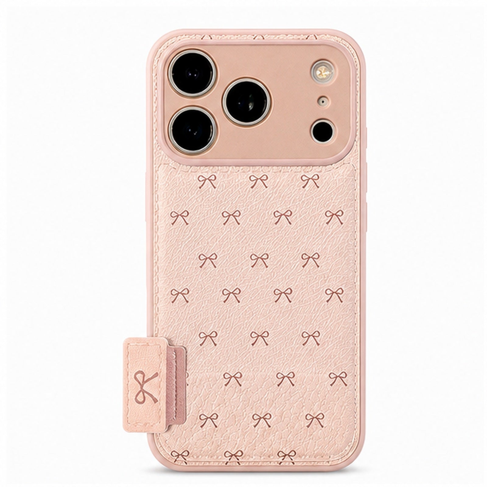 Blush Bow Mirror Stand Case for iPhone, front studio view