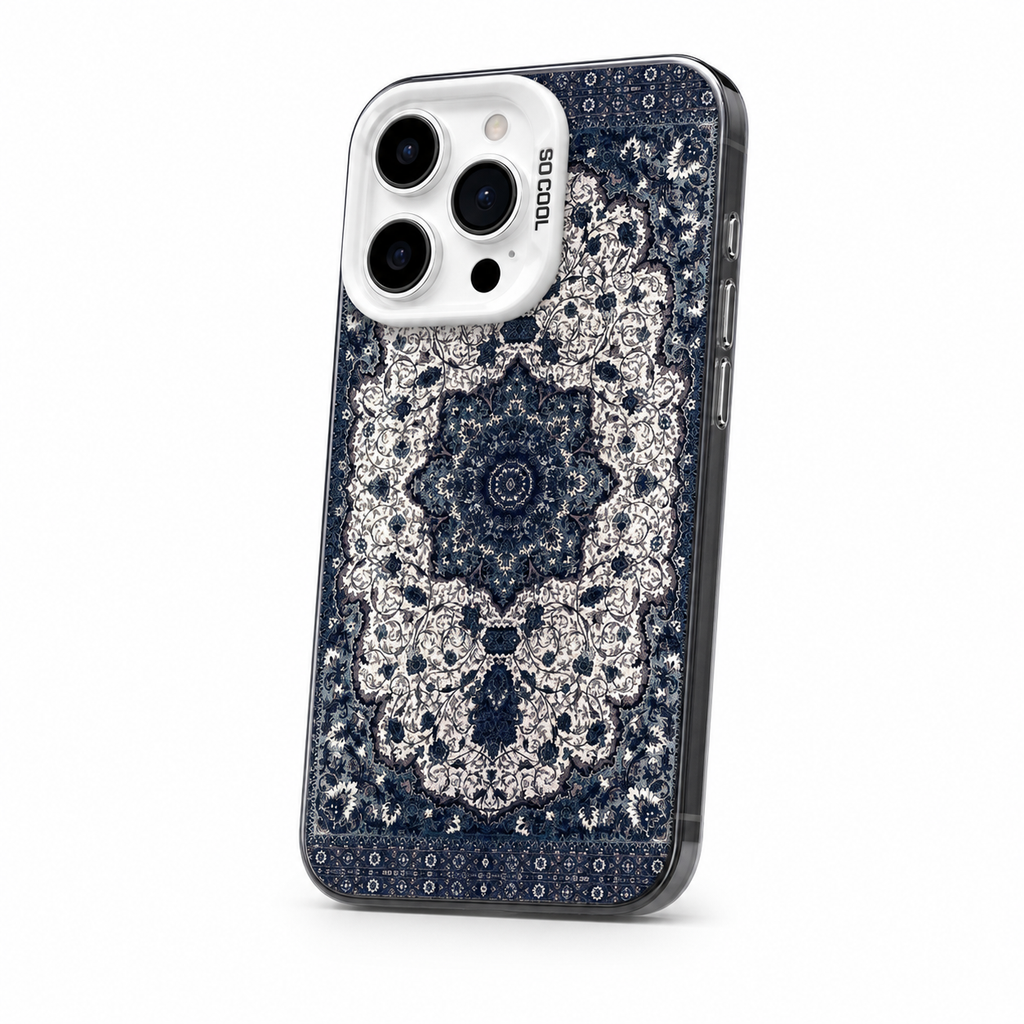 Navy totem pattern iPhone case with white camera frame, angled studio view
