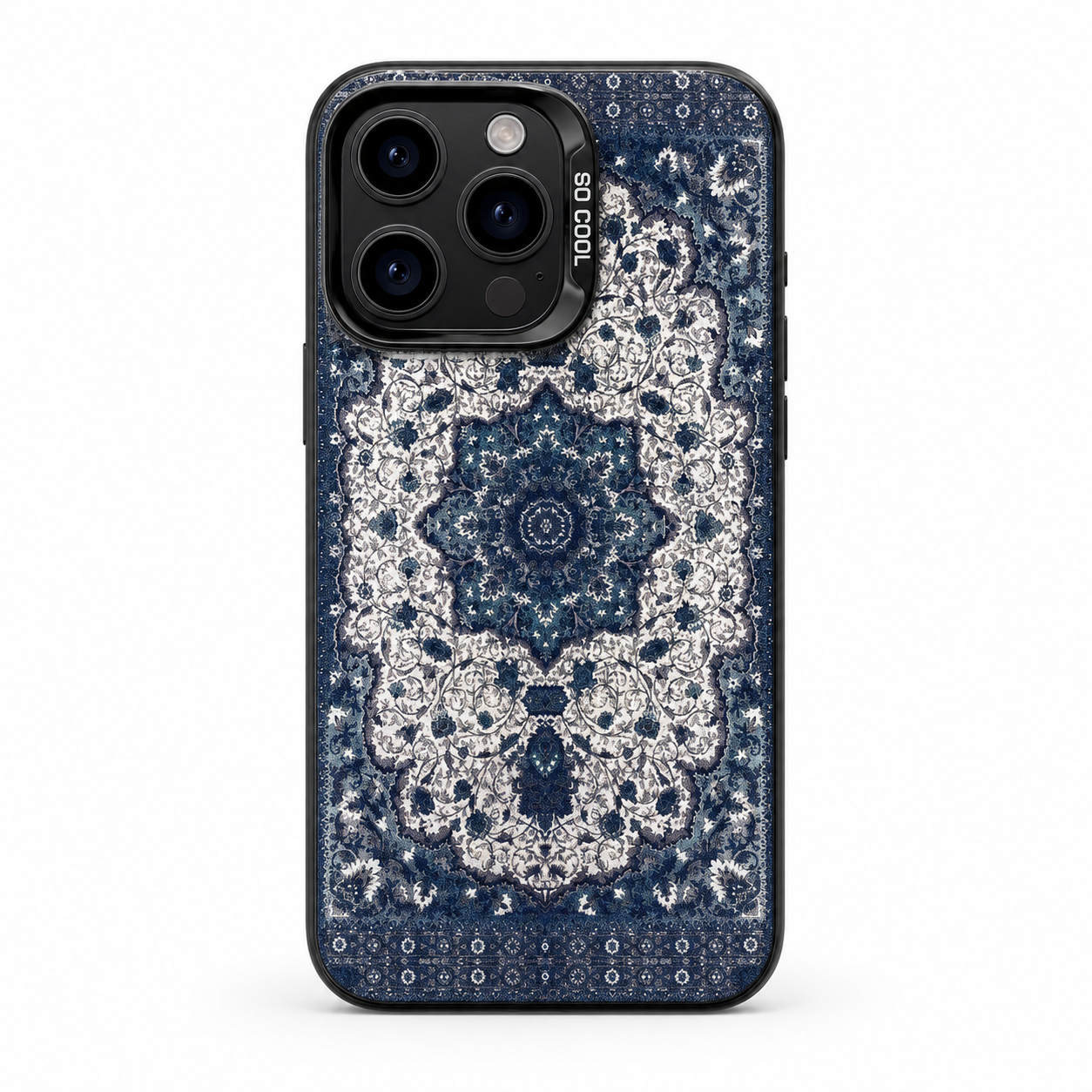 Navy totem pattern iPhone case with black camera frame, straight back view