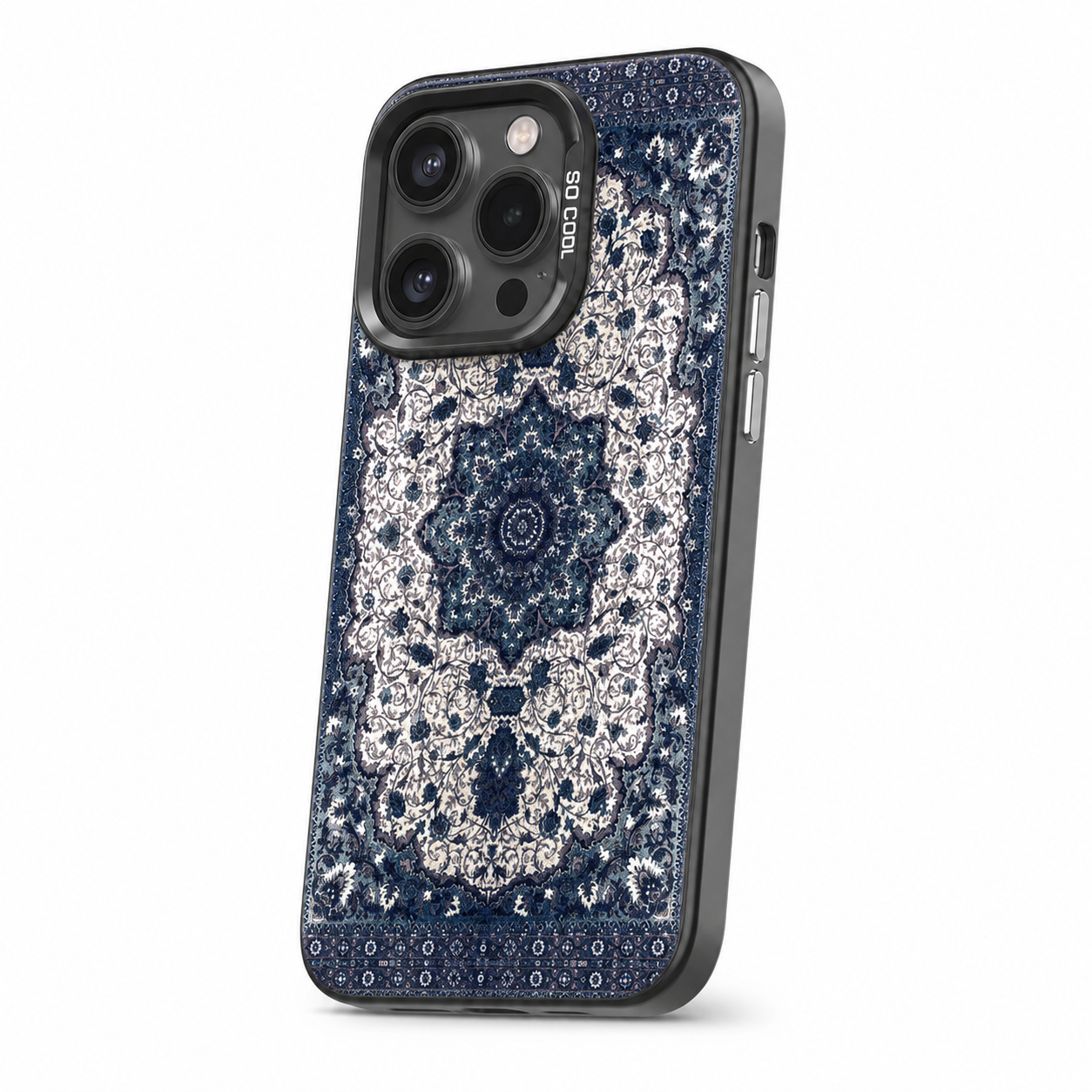 Navy totem pattern iPhone case with black camera frame, left angled view