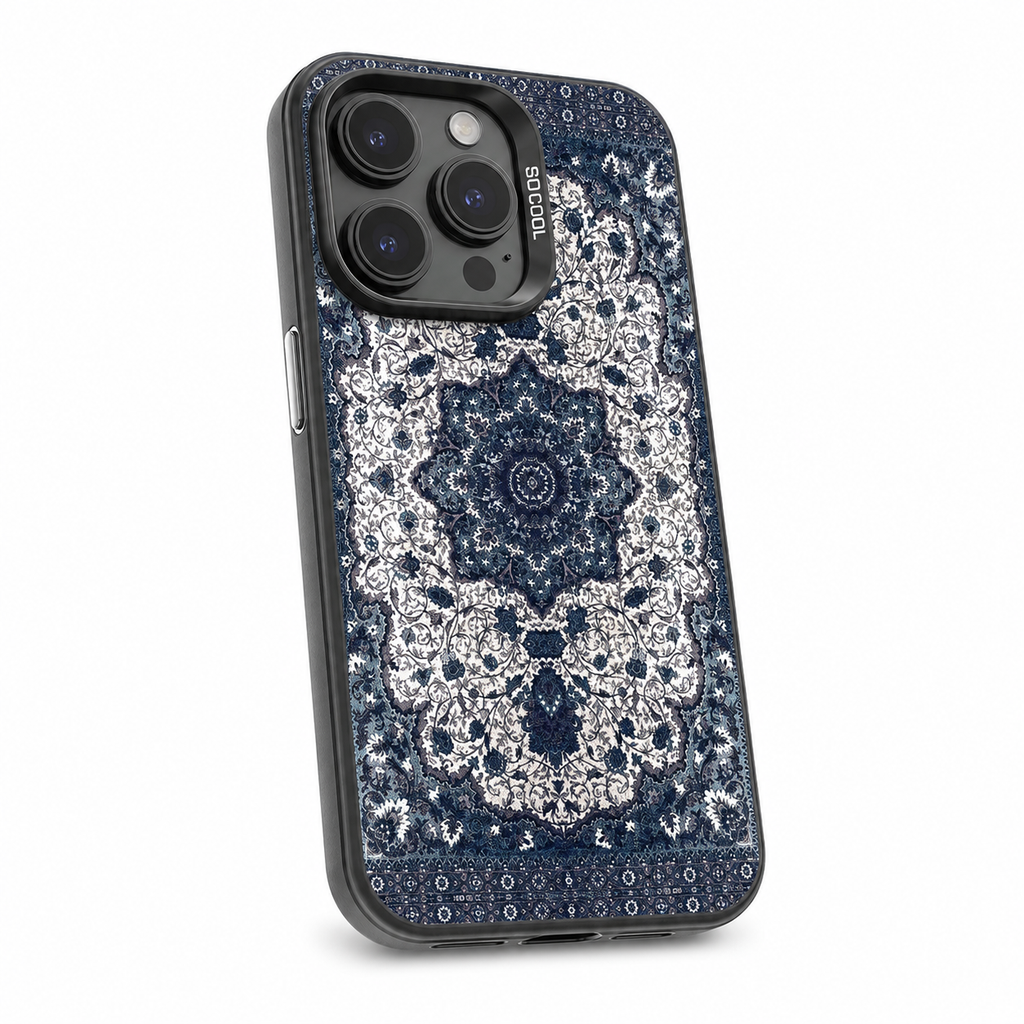 Navy totem pattern iPhone case with black camera frame, right angled view