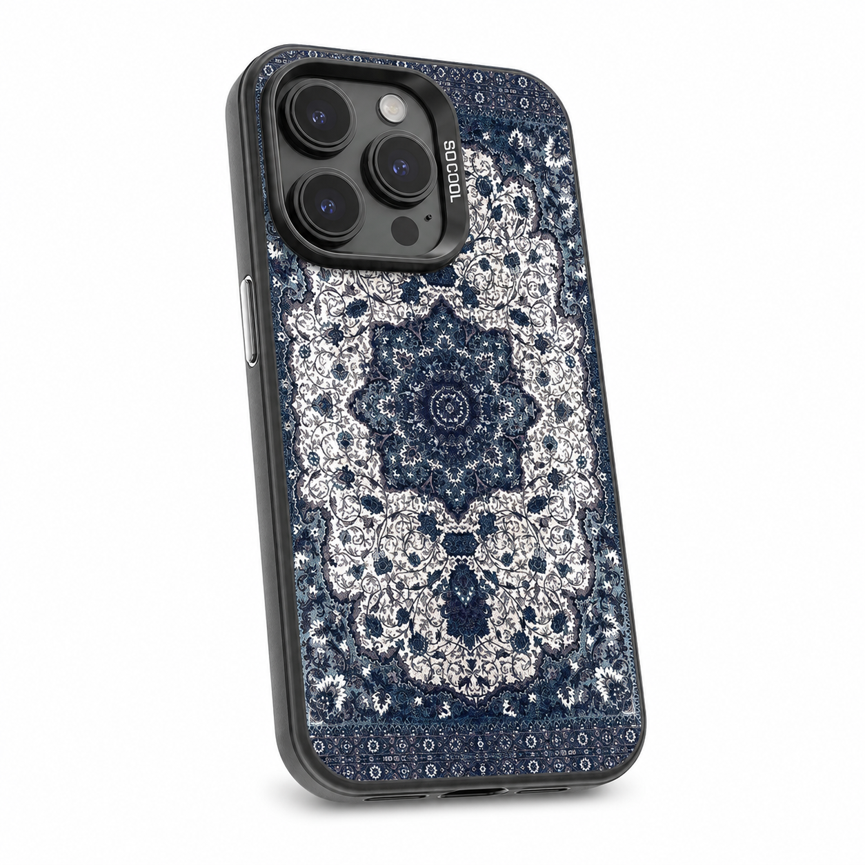 Navy totem pattern iPhone case with black camera frame, right angled view