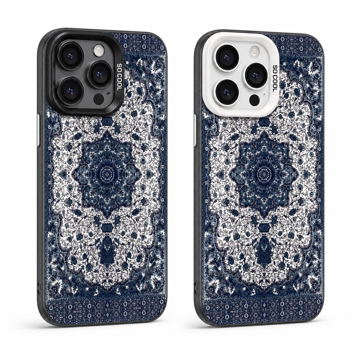 Black and white camera-frame options for the navy totem pattern iPhone case