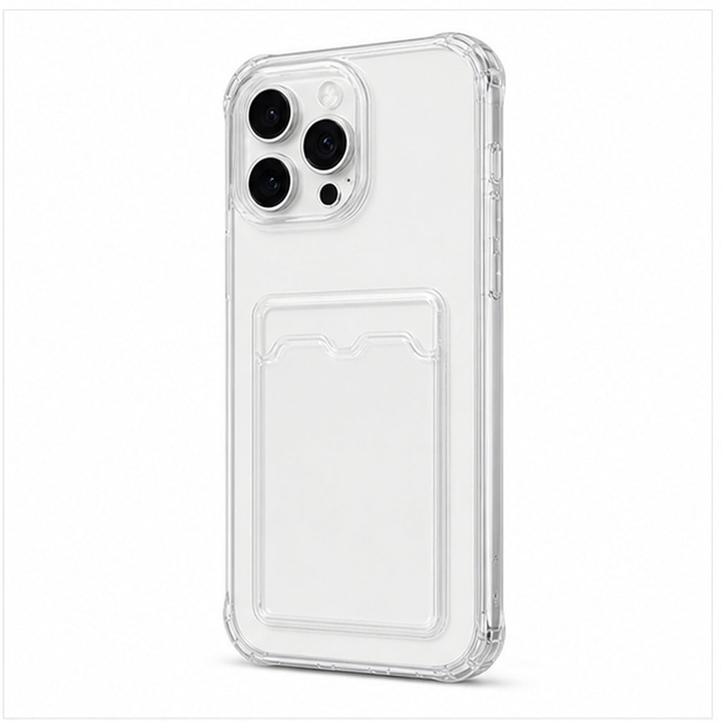 Clear Card Pocket Case for iPhone, three-quarter studio view