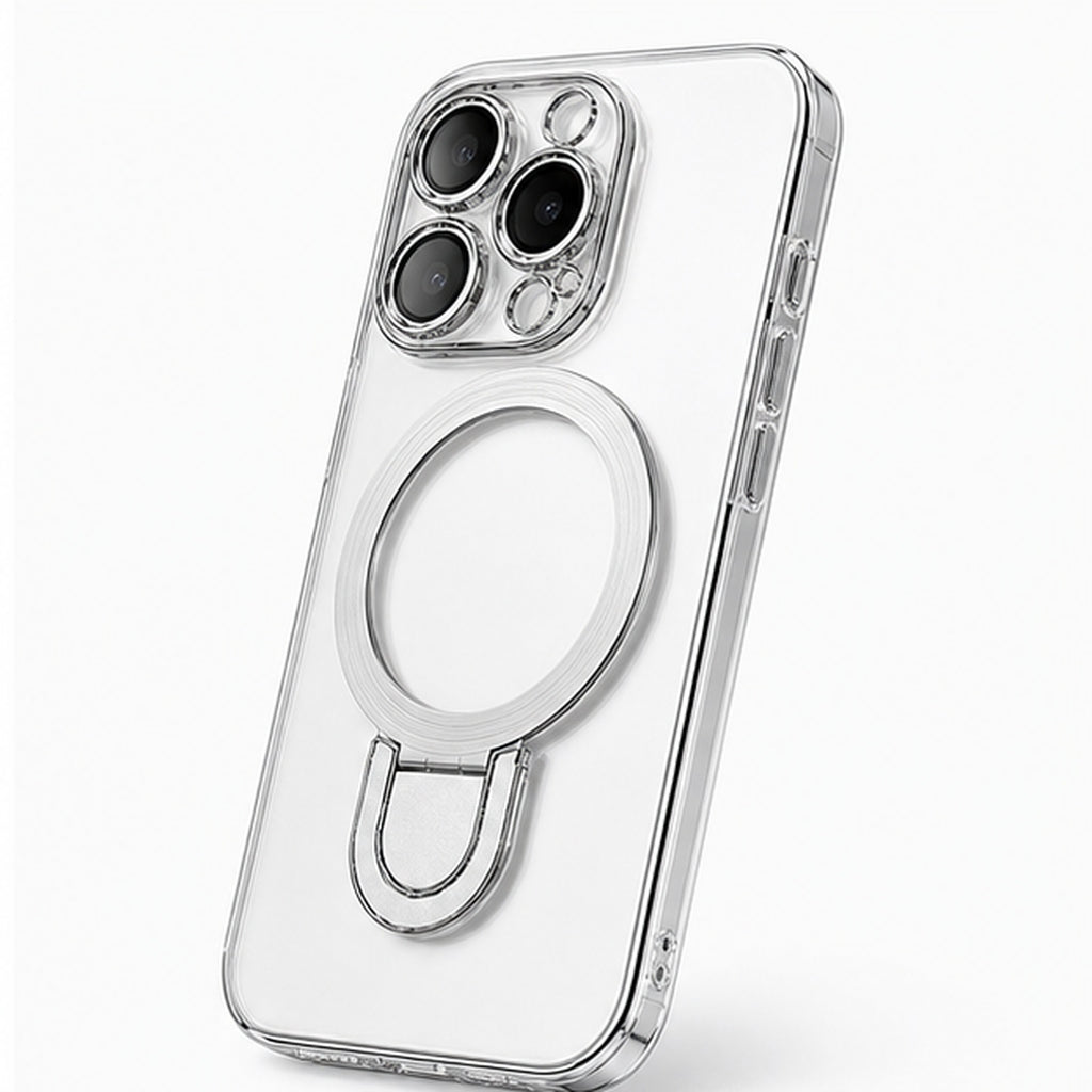 Frameless Magnetic U-Stand Case for iPhone, three-quarter studio view