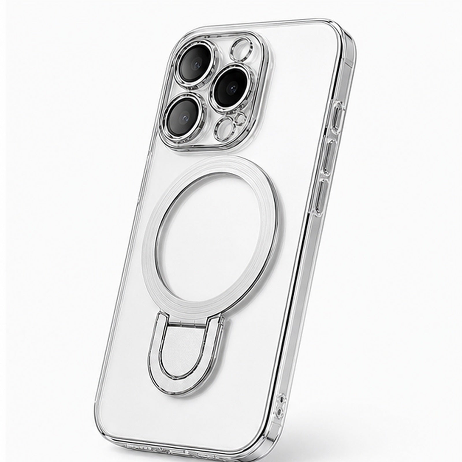 Frameless Magnetic U-Stand Case for iPhone, three-quarter studio view