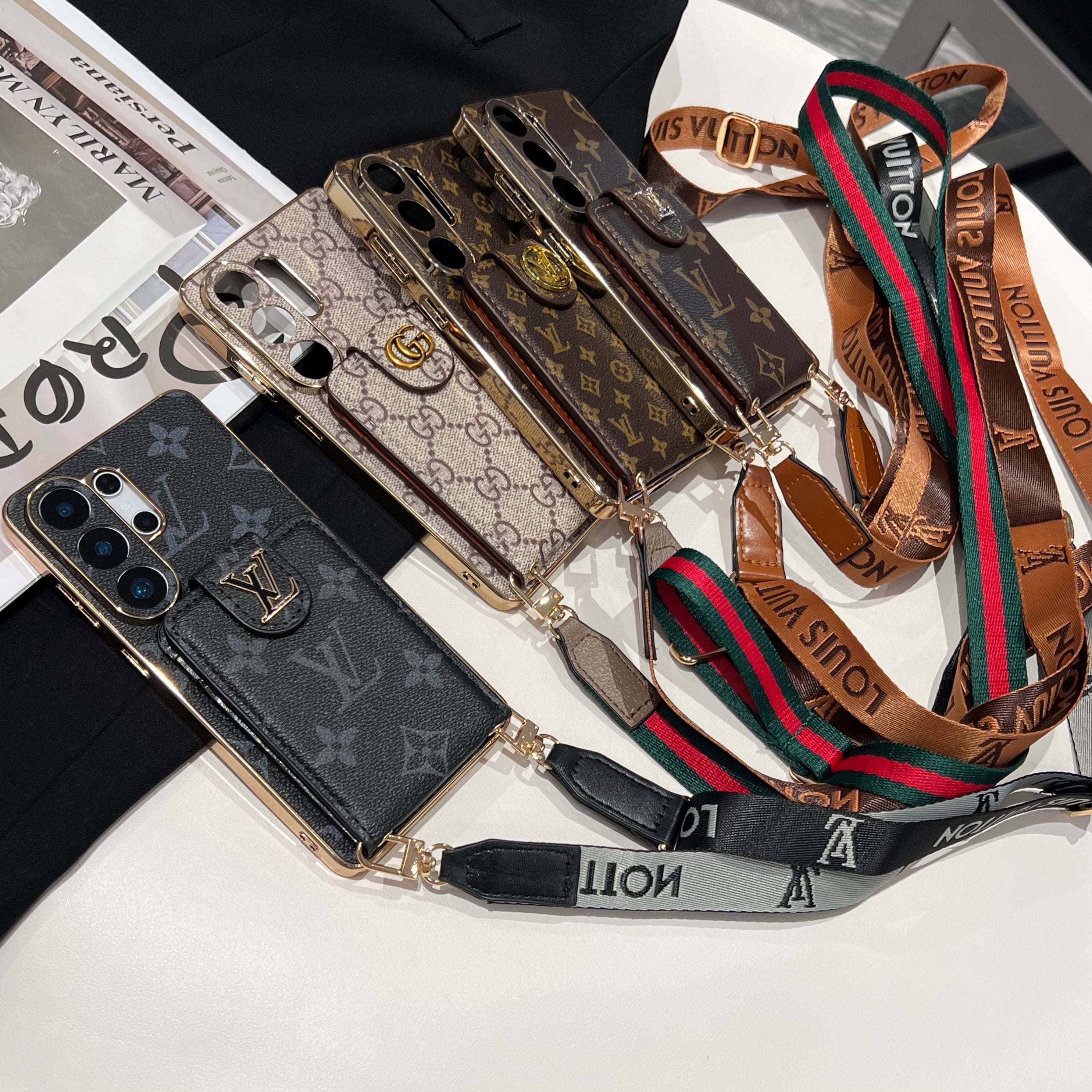 Luxury Monogram Crossbody Phone Case with Card Pocket and Shoulder Strap