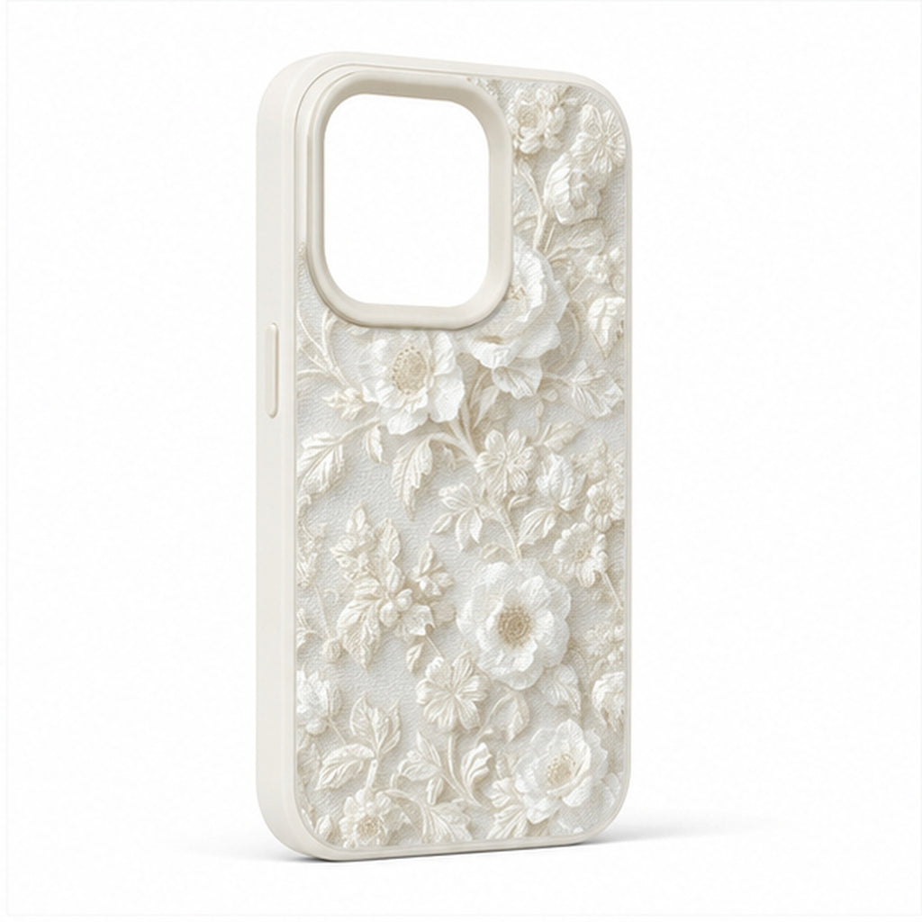 Ivory Floral Relief Case for iPhone, three-quarter studio view