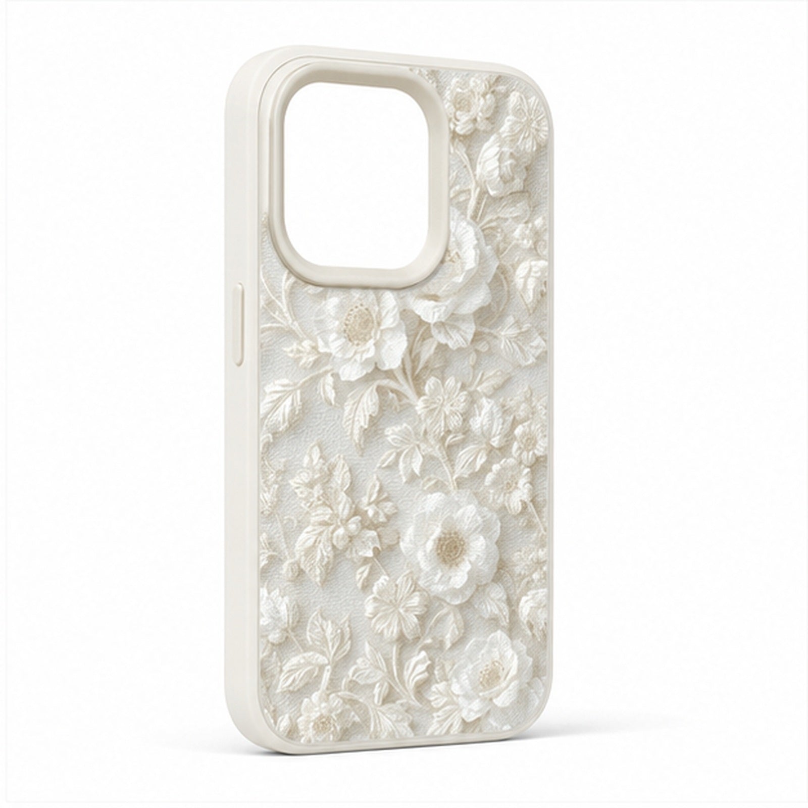 Ivory Floral Relief Case for iPhone, three-quarter studio view
