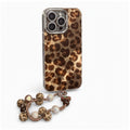 Retro Leopard Charm Strap Case for iPhone, three-quarter studio view