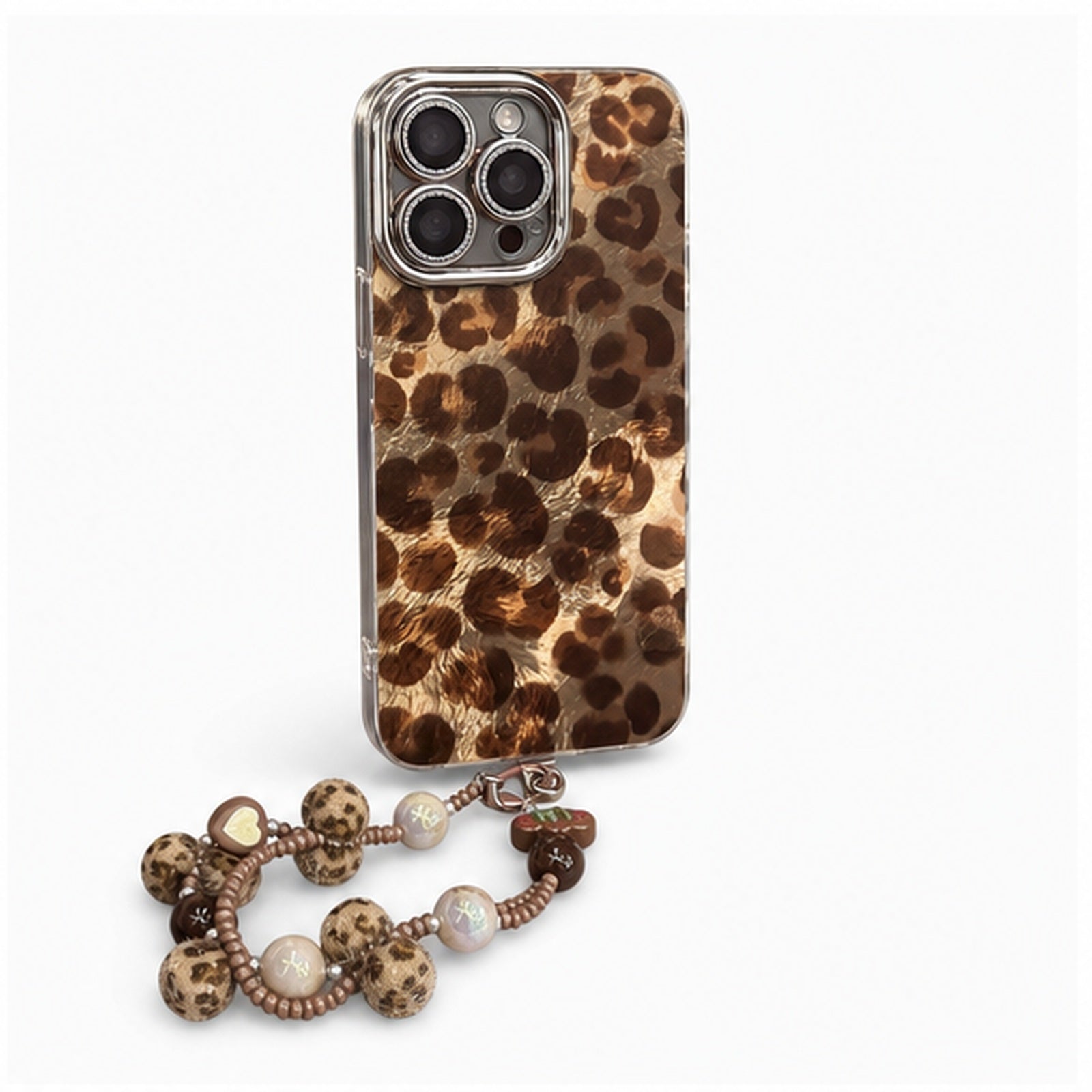 Retro Leopard Charm Strap Case for iPhone, three-quarter studio view
