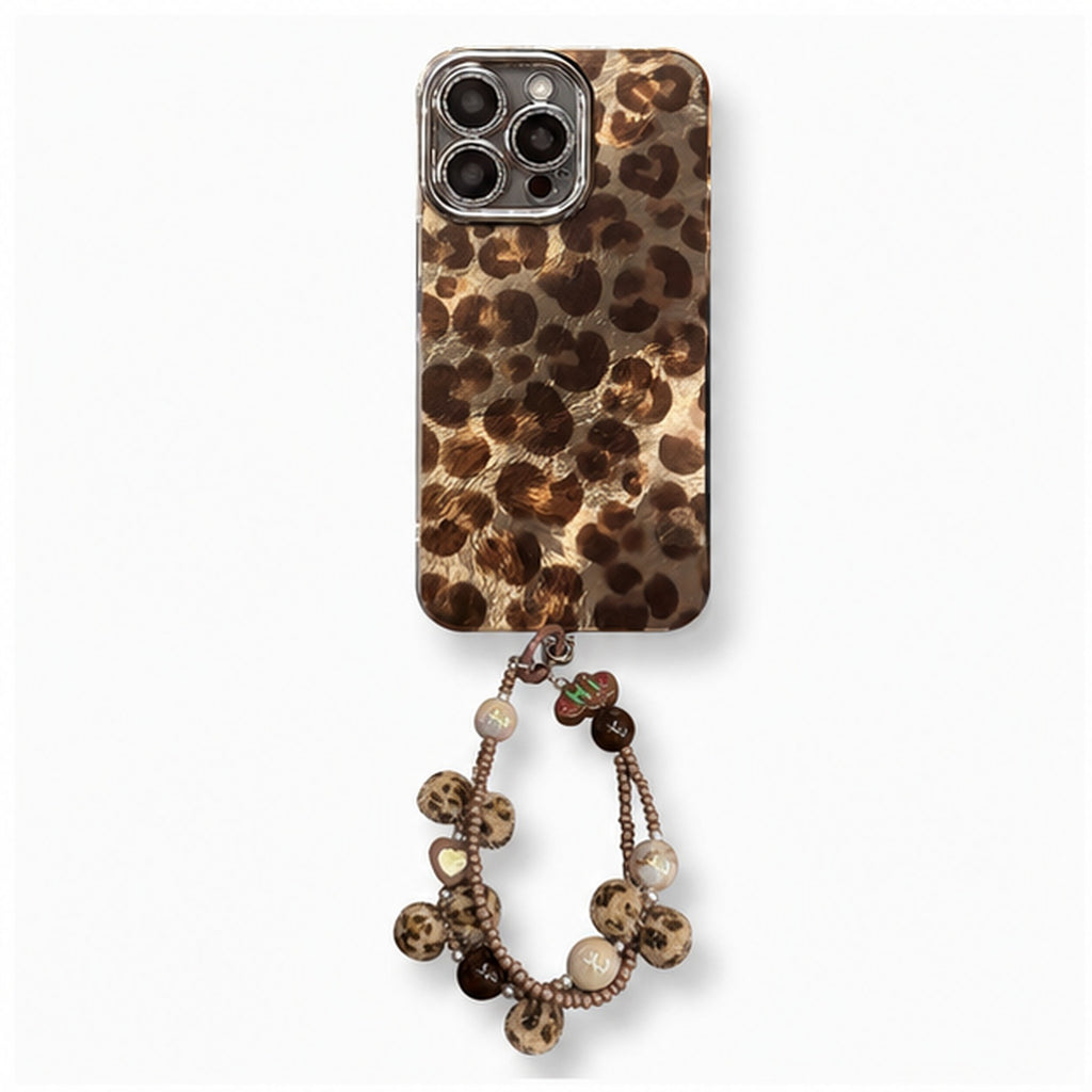 Retro Leopard Charm Strap Case for iPhone, front studio view