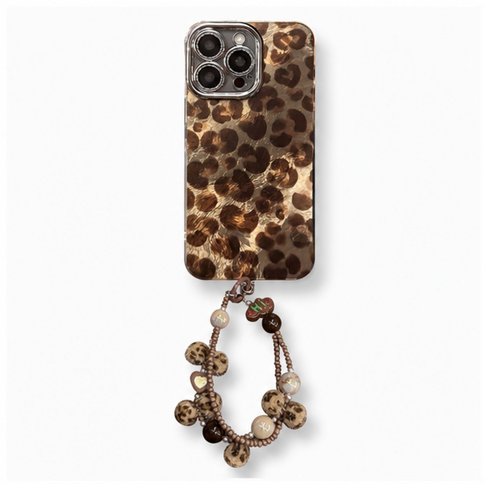 Retro Leopard Charm Strap Case for iPhone, front studio view