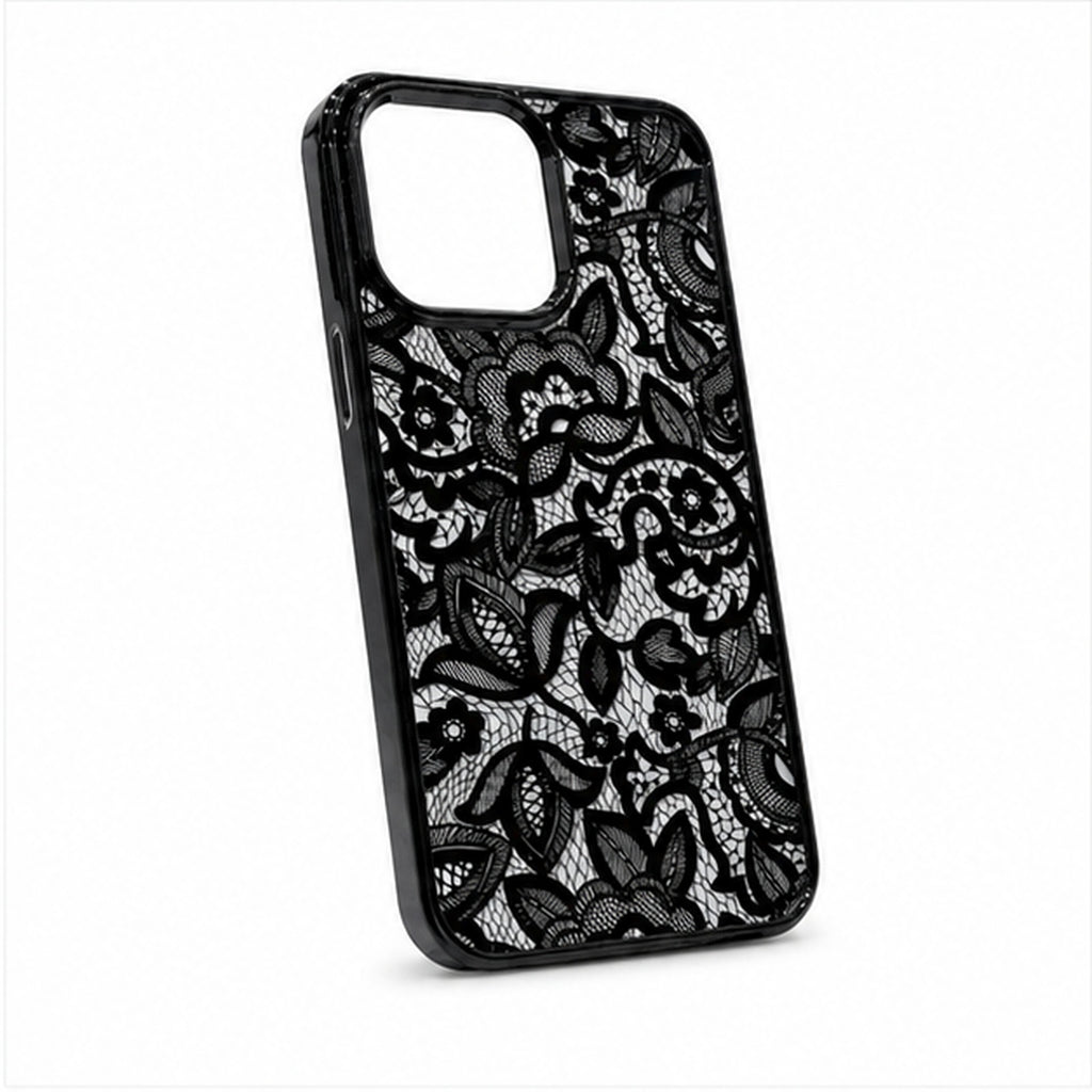 Black Floral Relief Art Case for iPhone, three-quarter studio view
