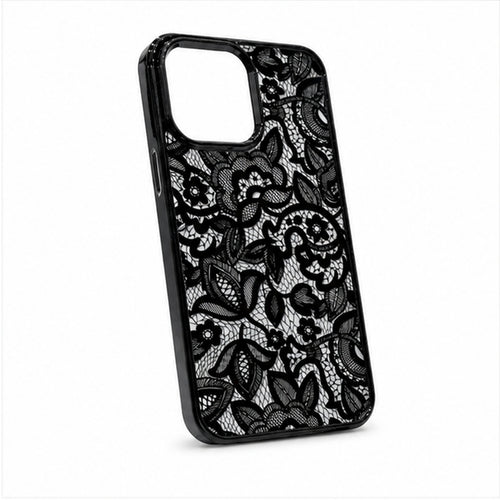 Black Floral Relief Art Case for iPhone, three-quarter studio view