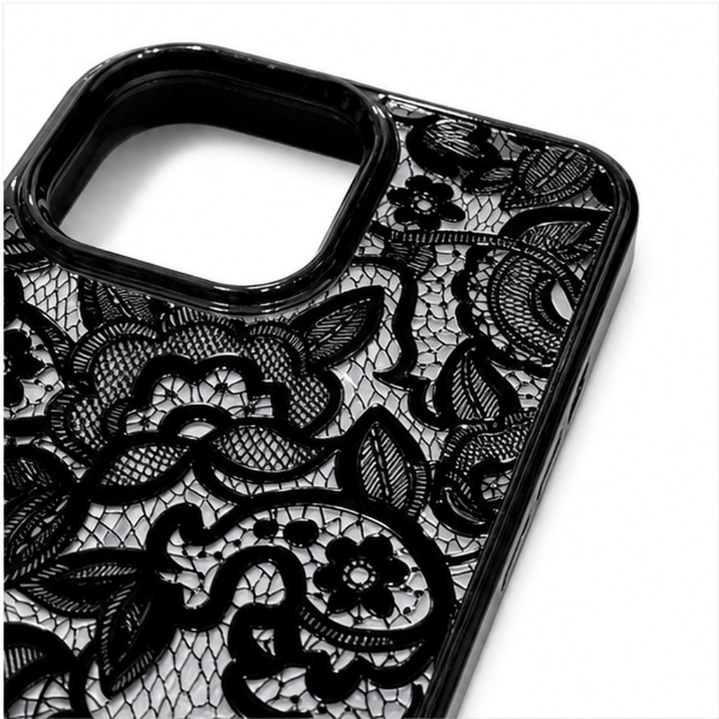 Black Floral Relief Art Case for iPhone, close-up detail