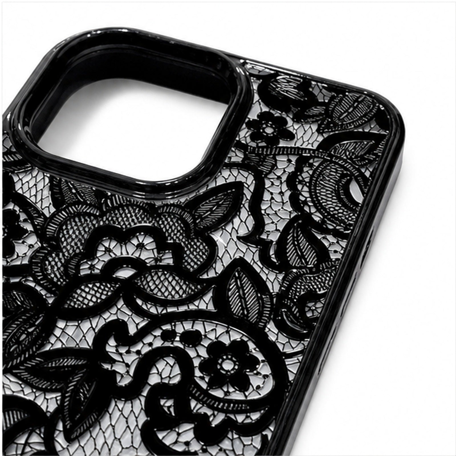 Black Floral Relief Art Case for iPhone, close-up detail