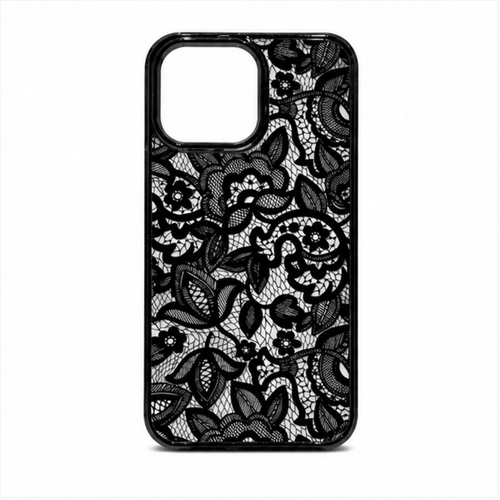 Black Floral Relief Art Case for iPhone, front studio view