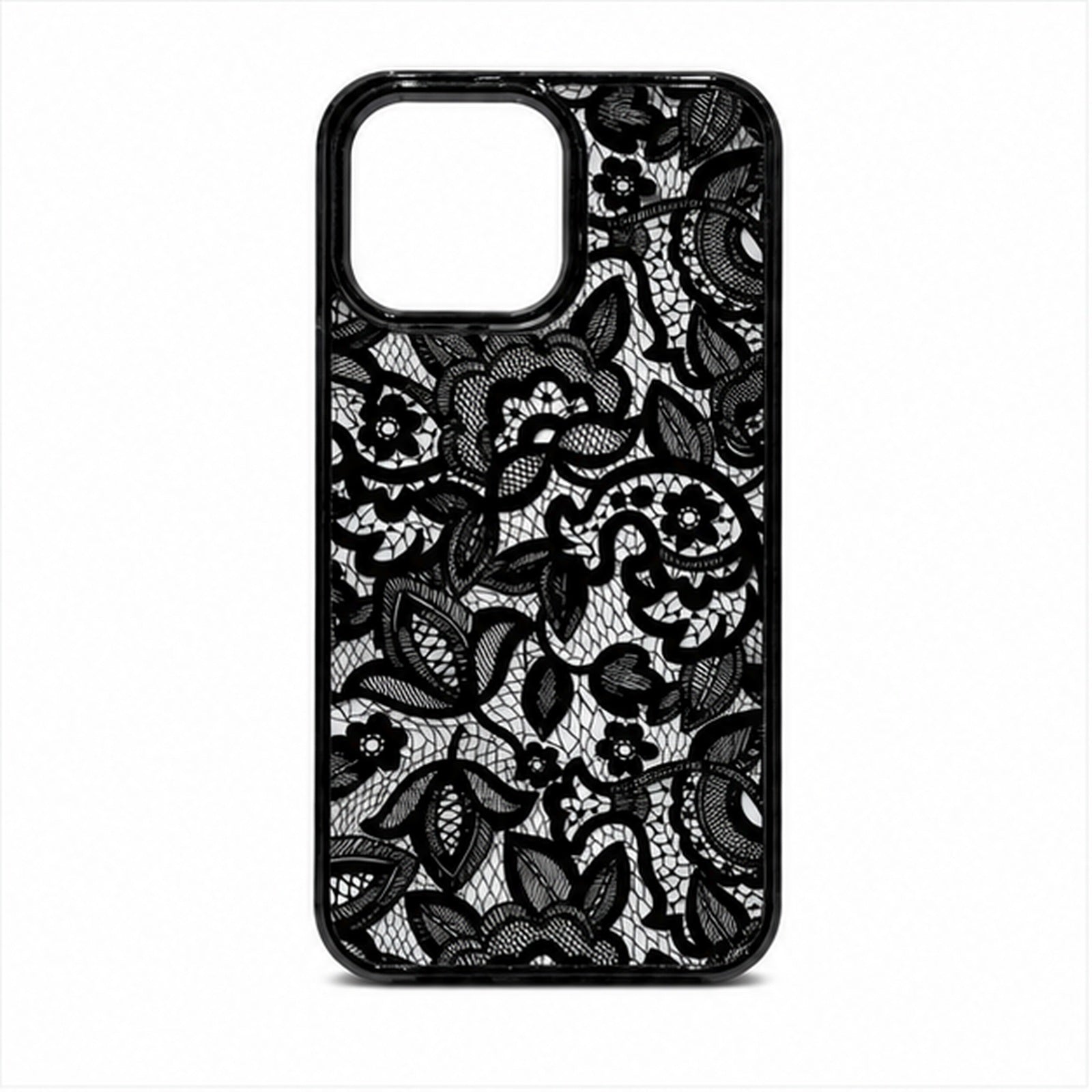 Black Floral Relief Art Case for iPhone, front studio view