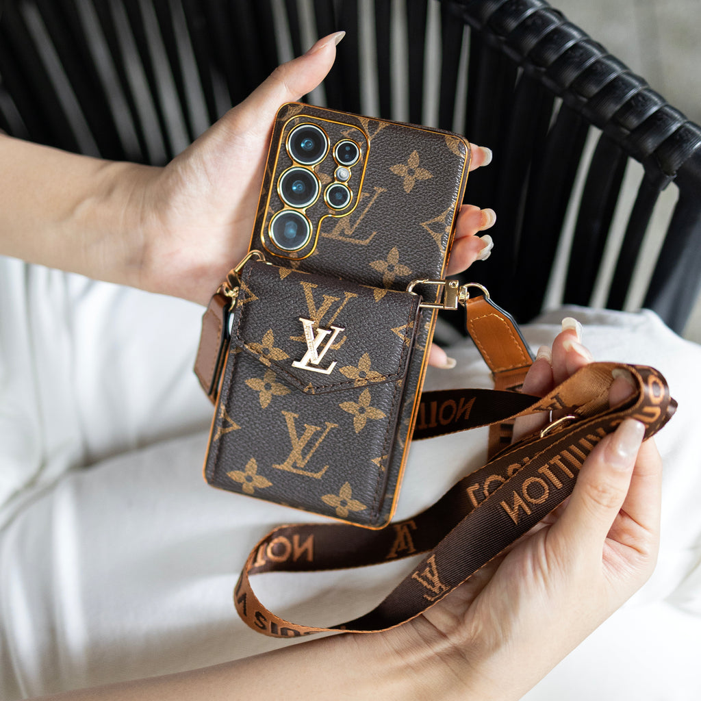Luxury Classic Leather Samsung Case With Card Wallet And Strap