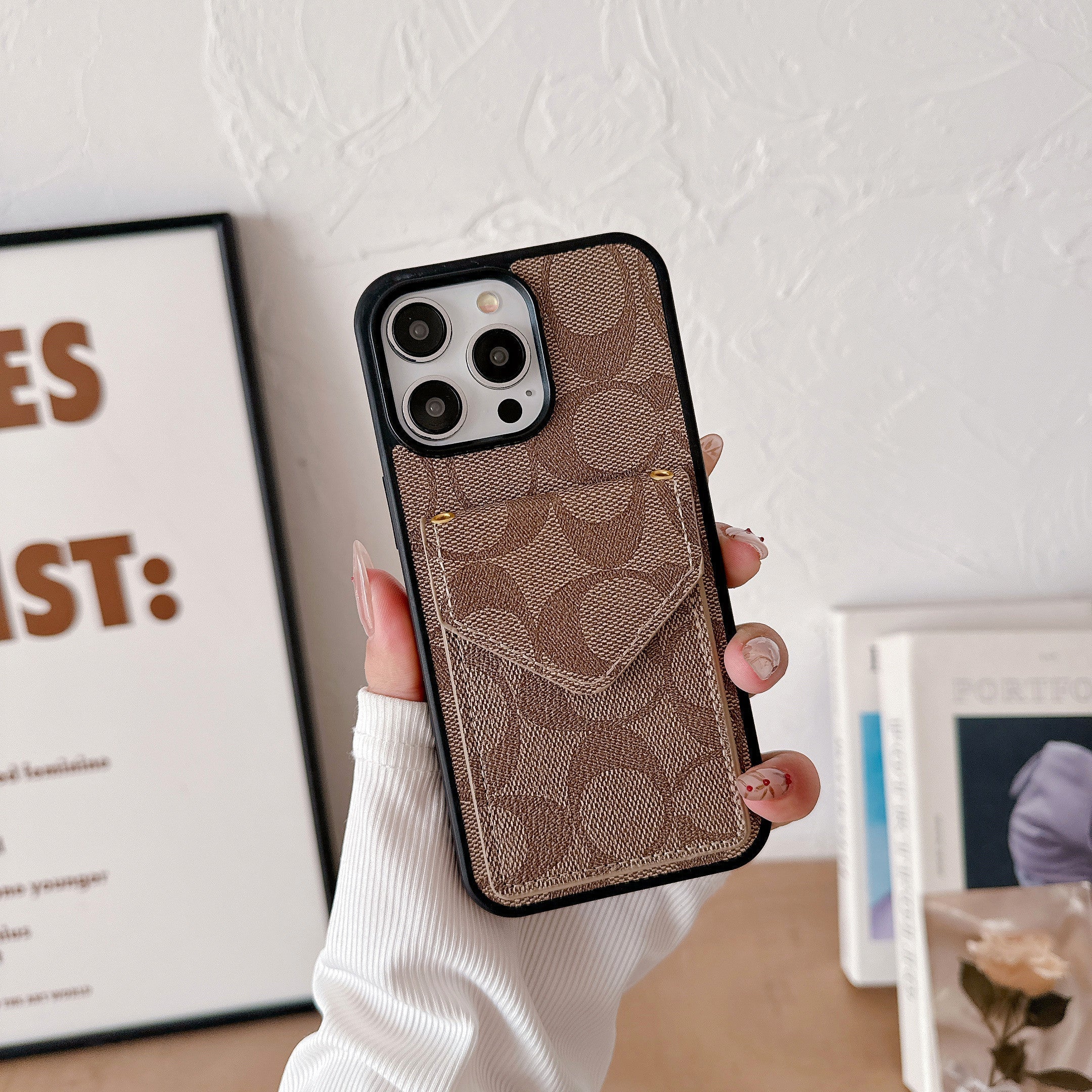 Classic iPhone Case With Card Holder And Strap Light Brown -SJ240513