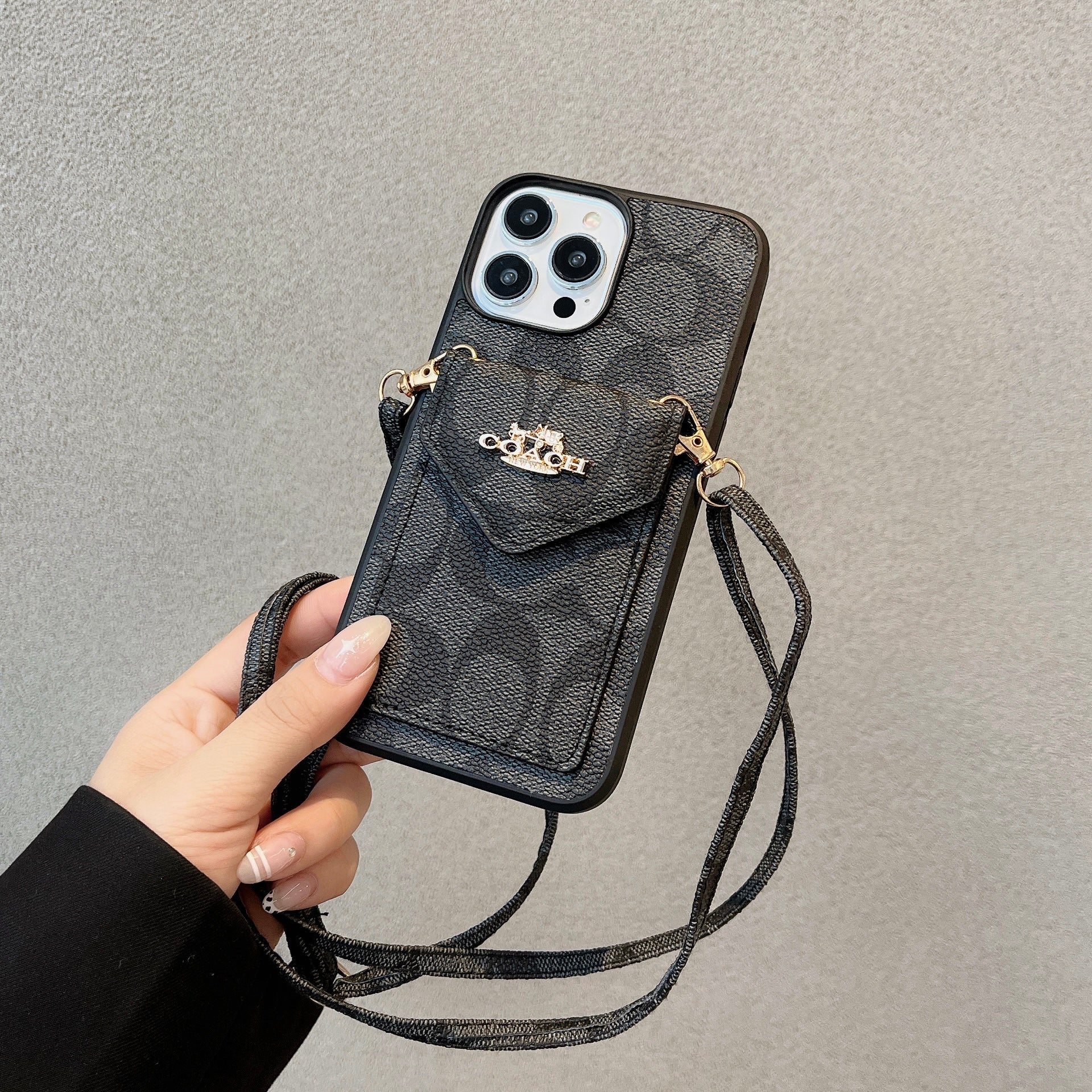 Classic iPhone Case With Card Holder And Strap Light Black -SJ240513