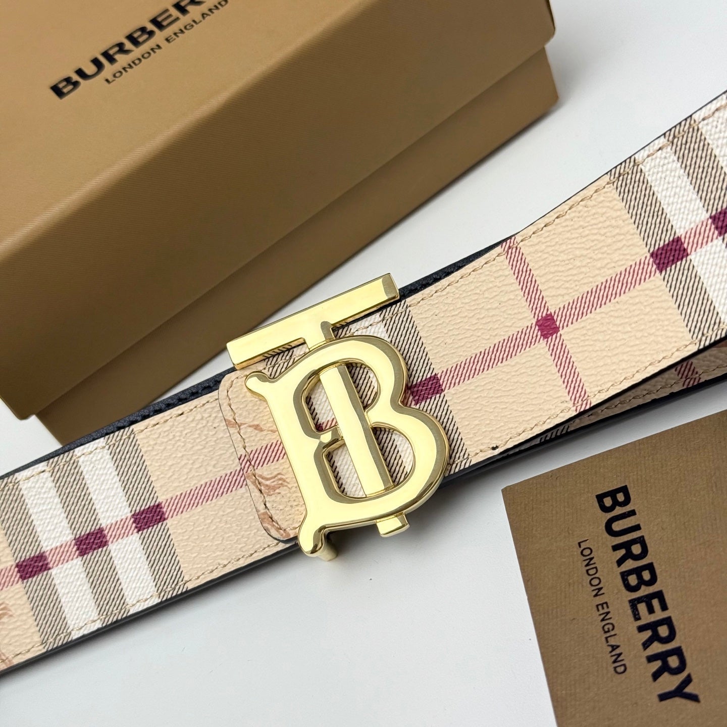 Men‘s Leather Belt TB Monogram Buckle / Check Pattern
