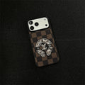 Embroidered Leather-Texture Checkerboard Phone Case with Raised Stitch Emblem