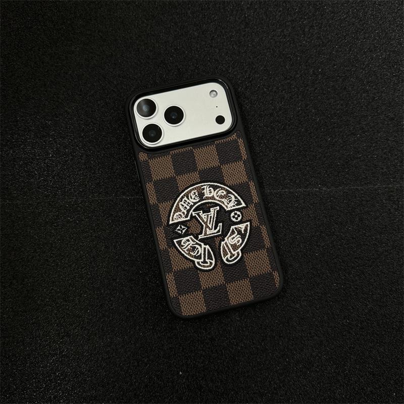 Embroidered Leather-Texture Checkerboard Phone Case with Raised Stitch Emblem