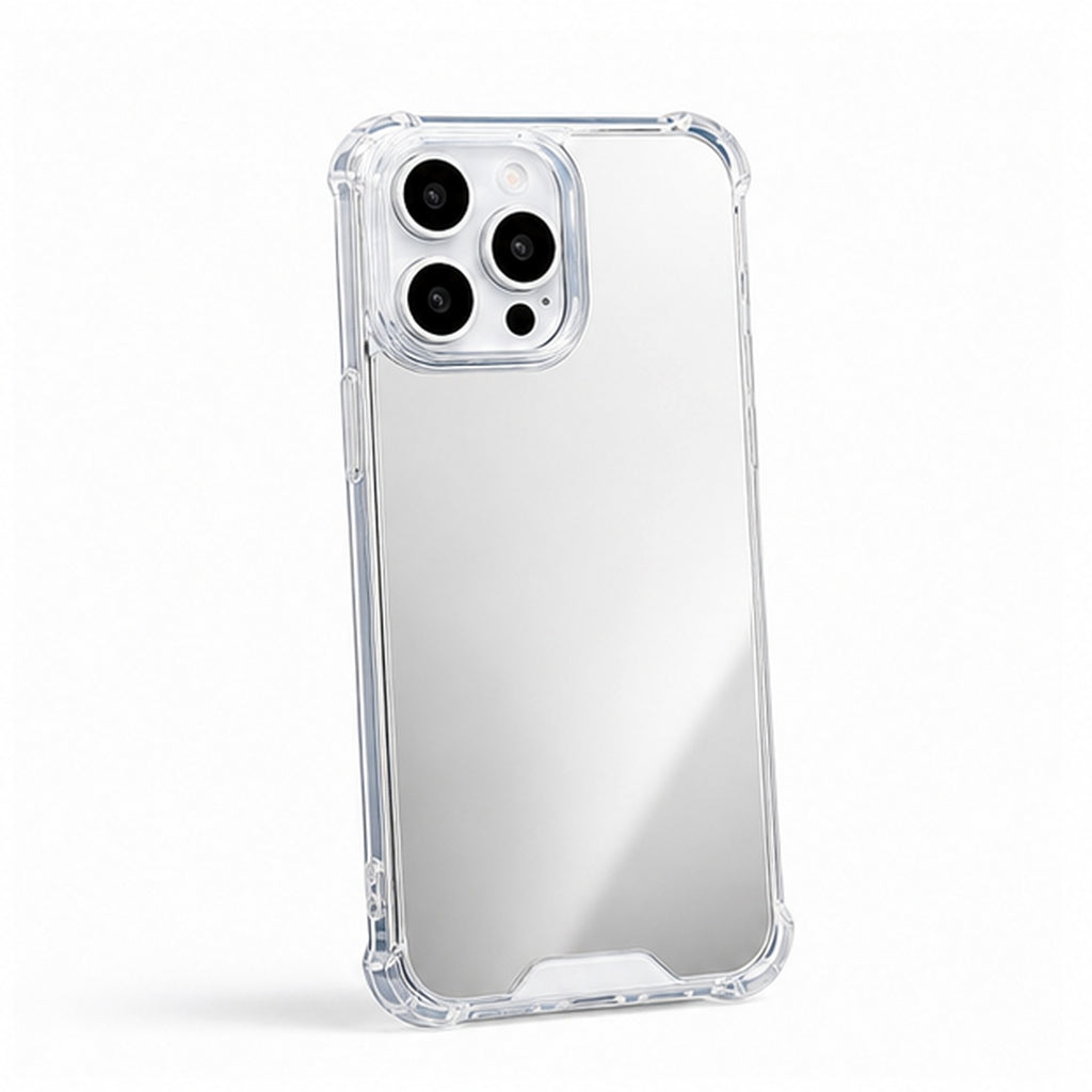 Silver mirror protective iPhone case, three-quarter angle view