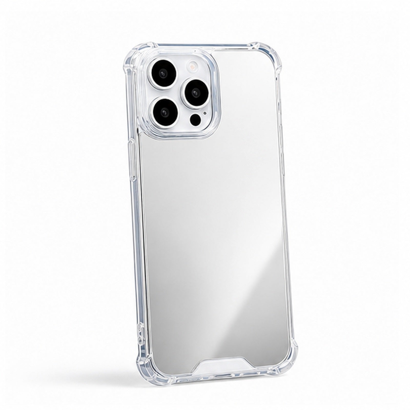 Silver mirror protective iPhone case, three-quarter angle view